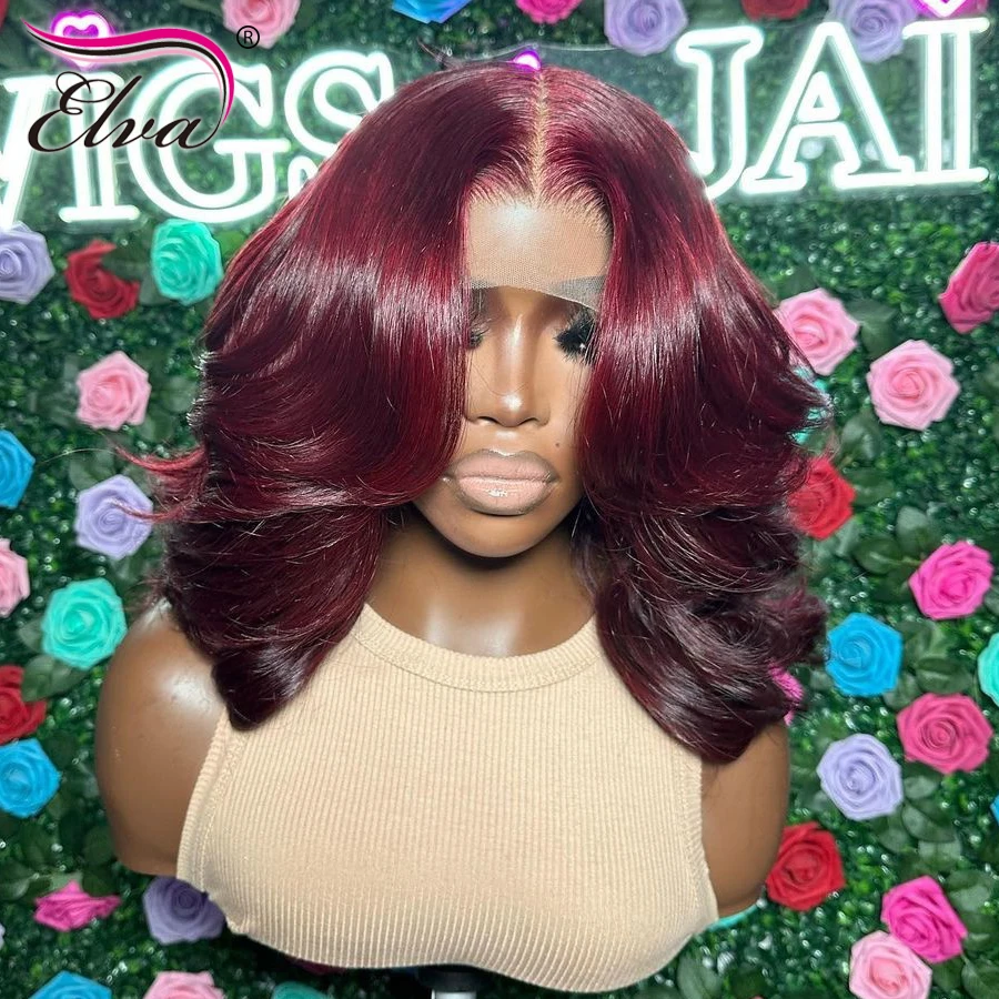Burgundijos HD nėrinių priekyje Žmogaus plaukai Trumpi perukai moterims Brazilijos 99J Raudona kūno banga 13x6 nėrinių priekinis perukas Iš anksto nupešta plaukų linija Nuotrauka 4