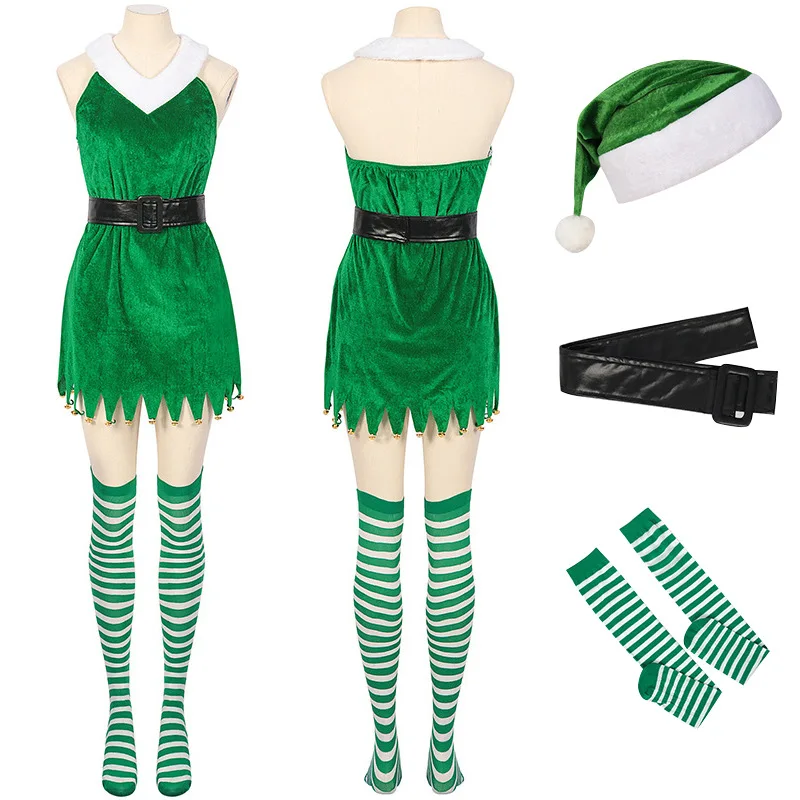 2023 Naujas atvykimas Kalėdų elfo kostiumas Moterys Išgalvotas elfas Cosplay kalėdinė suknelė Žalias elfas Moterys Kalėdų senelio kostiumai Nuotrauka 4