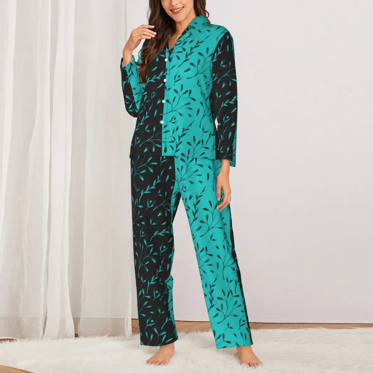 Dviejų atspalvių miego drabužiai Rudens juoda lapinė vynmedžio gėlė Laisvi oversized pižamų komplektai Moterys ilgomis rankovėmis madingas miego modelio namų kostiumas Nuotrauka 0