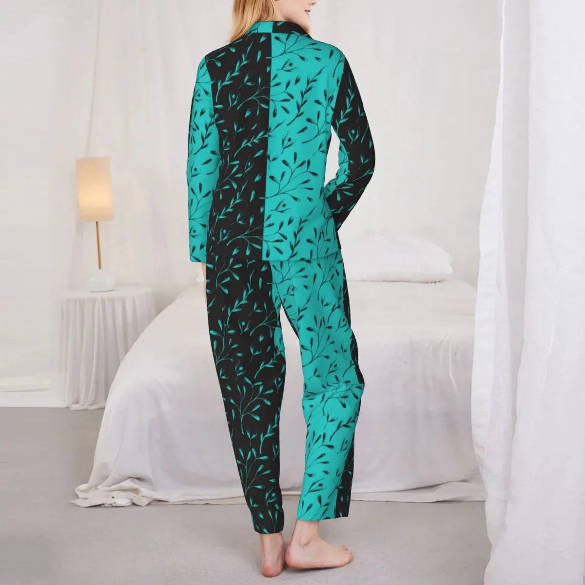 Dviejų atspalvių miego drabužiai Rudens juoda lapinė vynmedžio gėlė Laisvi oversized pižamų komplektai Moterys ilgomis rankovėmis madingas miego modelio namų kostiumas Nuotrauka 2