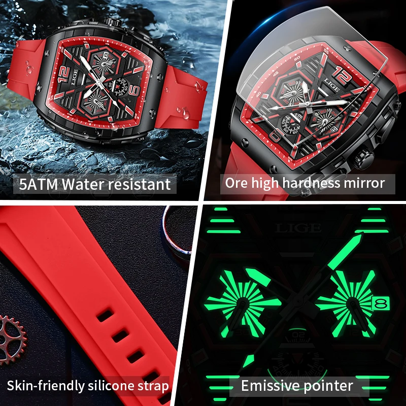 LIGE Fashion Quartz vyriškas laikrodis Prabangūs kūrybiniai laikrodžiai Silikoninis dirželis 50M vandeniui atsparūs vyriški laikrodžiai Luminoius Casual Sport rankinis laikrodis Nuotrauka 3