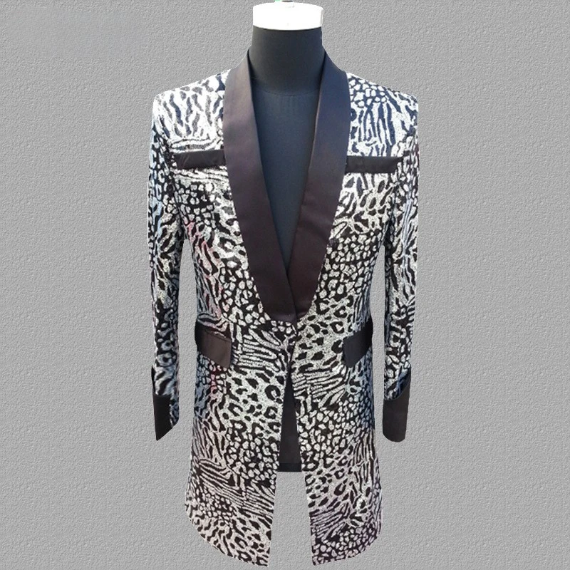 Kostiumas vyrams Leopard Sequin Blazer Nightclub Bar DJ Suit Singers Trendy Casual Jacket Nuotrauka 2