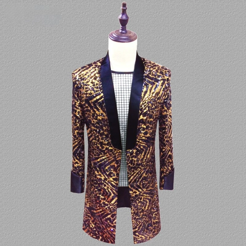 Kostiumas vyrams Leopard Sequin Blazer Nightclub Bar DJ Suit Singers Trendy Casual Jacket Nuotrauka 3