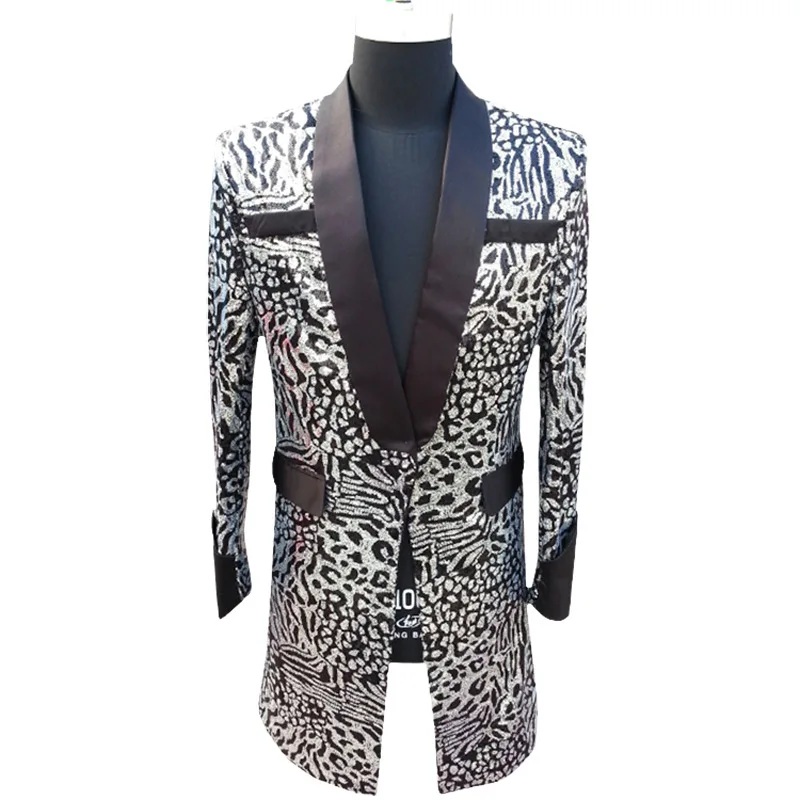 Kostiumas vyrams Leopard Sequin Blazer Nightclub Bar DJ Suit Singers Trendy Casual Jacket Nuotrauka 4