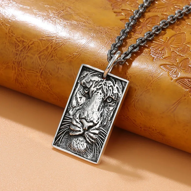 Real 925 Sterling Silver Lucky Men Gift Lion Head Hip Hop Square Pailgas pakabukas 10-11g Nuotrauka 1
