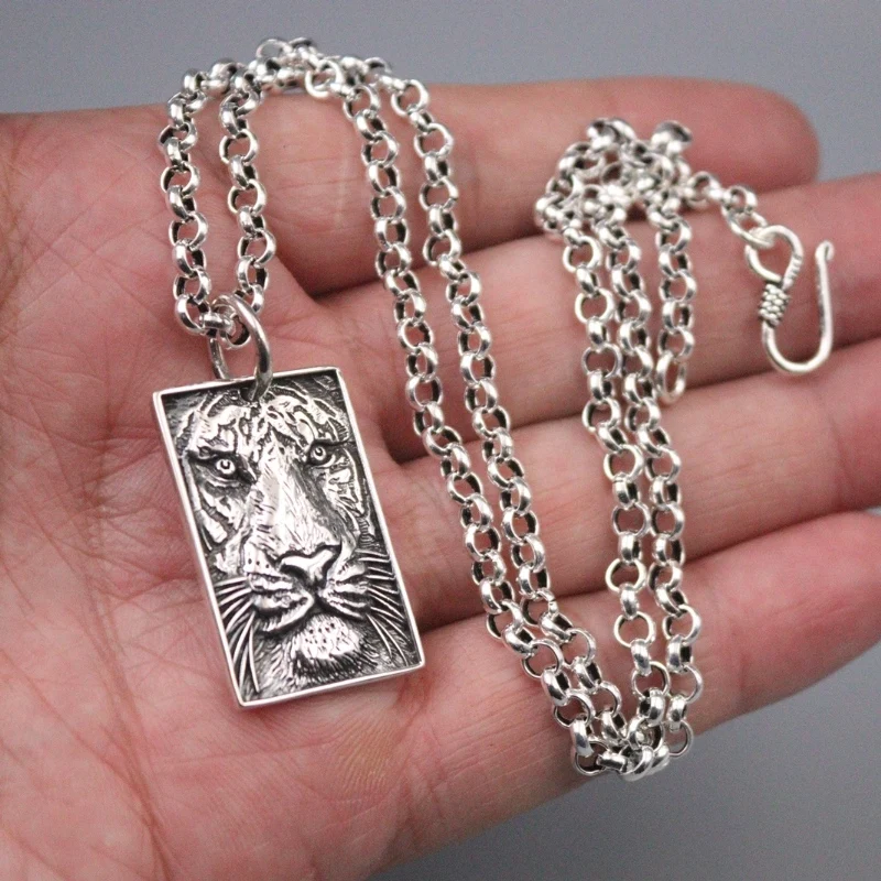 Real 925 Sterling Silver Lucky Men Gift Lion Head Hip Hop Square Pailgas pakabukas 10-11g Nuotrauka 5