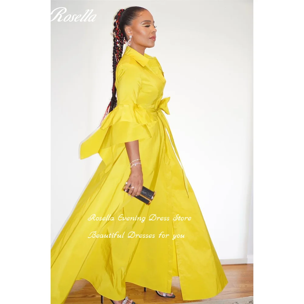 ROSELLA Yellow V Neck Prom suknelės su peteliškės diržu A linija Formalios progos suknelė Raupinės rankovės Grindų ilgis 2023 Haute Couture Nuotrauka 1