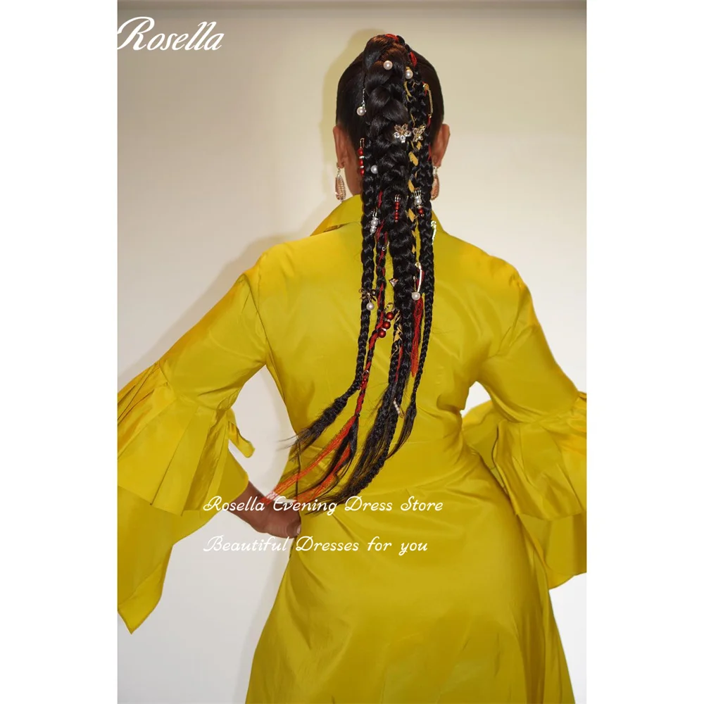 ROSELLA Yellow V Neck Prom suknelės su peteliškės diržu A linija Formalios progos suknelė Raupinės rankovės Grindų ilgis 2023 Haute Couture Nuotrauka 3