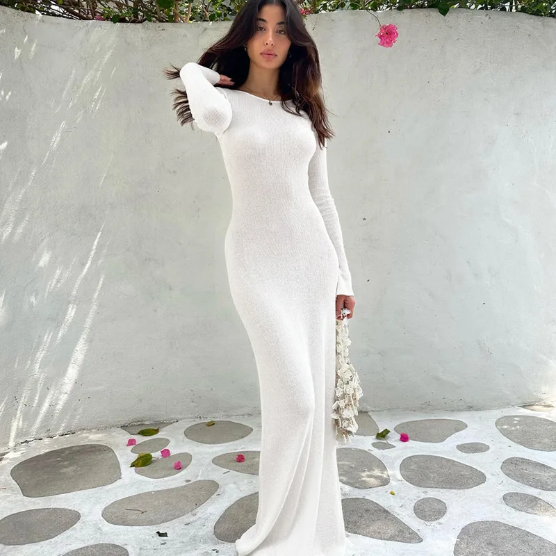 Balta Boodycon Ilga suknelė Vasaros apranga moterims 2023 Elegantiškai be nugaros Maxi suknelė ilgomis rankovėmisVacation laisvalaikio suknelės Nuotrauka 0
