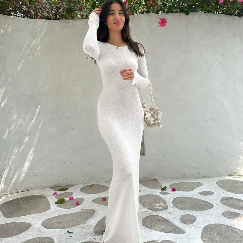 Balta Boodycon Ilga suknelė Vasaros apranga moterims 2023 Elegantiškai be nugaros Maxi suknelė ilgomis rankovėmisVacation laisvalaikio suknelės Nuotrauka 3