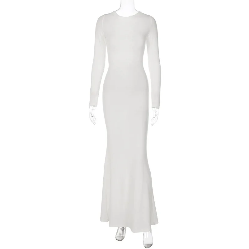 Balta Boodycon Ilga suknelė Vasaros apranga moterims 2023 Elegantiškai be nugaros Maxi suknelė ilgomis rankovėmisVacation laisvalaikio suknelės Nuotrauka 4