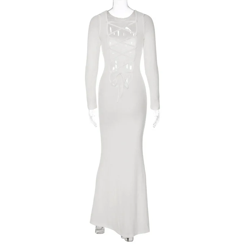 Balta Boodycon Ilga suknelė Vasaros apranga moterims 2023 Elegantiškai be nugaros Maxi suknelė ilgomis rankovėmisVacation laisvalaikio suknelės Nuotrauka 5