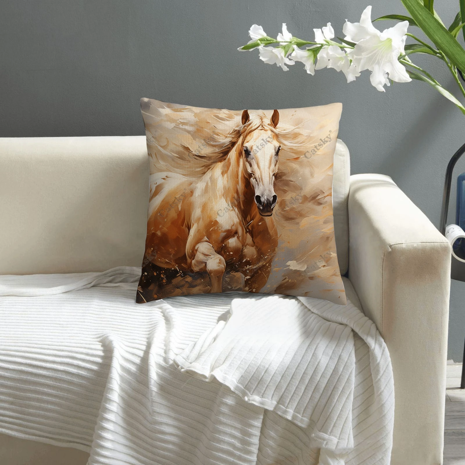 Akvarelė Baltos arklio pagalvėlės užvalkalas Pagalvės užvalkalas Cool Asta figūrėlė Mesti pagalvės užvalkalas namų dekorui Sofa Lova Pagalvės užvalkalas Nuotrauka 2