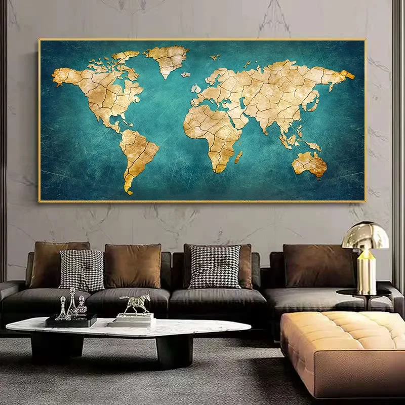 Šiuolaikinė geografija Estetika Sienų menas Aukso pasaulio žemėlapio plokštė HD aliejus ant drobės Plakatai ir spaudiniai Namų miegamojo dekoro dovanos Nuotrauka 2