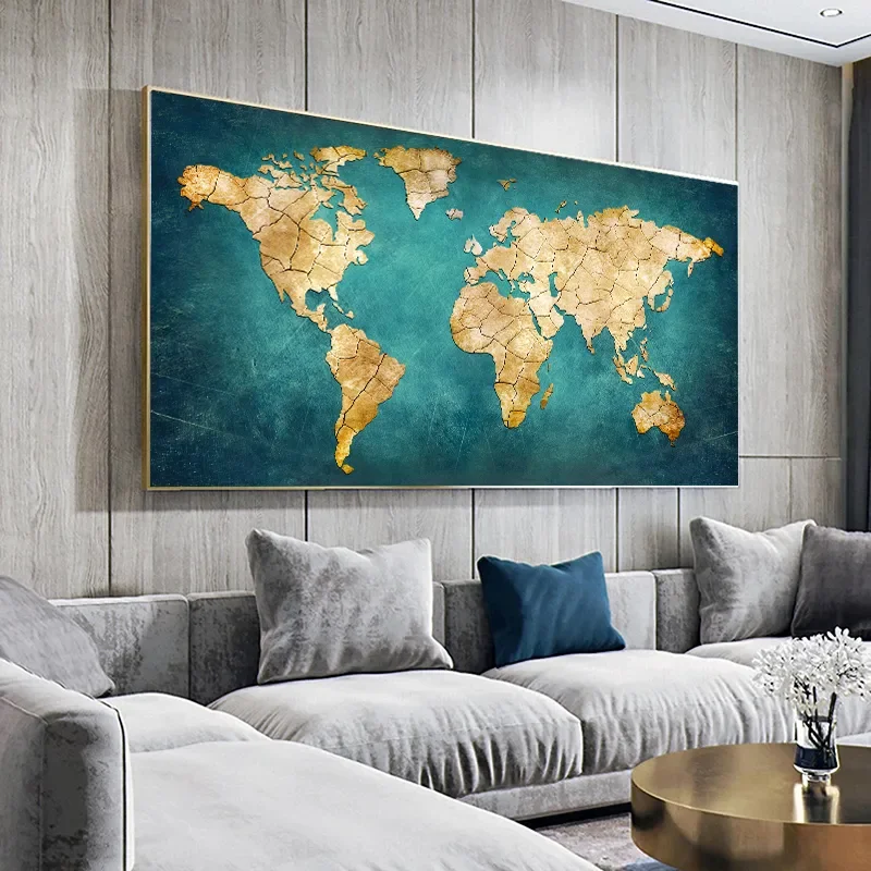 Šiuolaikinė geografija Estetika Sienų menas Aukso pasaulio žemėlapio plokštė HD aliejus ant drobės Plakatai ir spaudiniai Namų miegamojo dekoro dovanos Nuotrauka 3