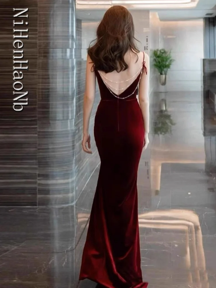 Raudonas spagečių dirželis Plyšys Moterų vakarinė suknelė Vestuvių pokylis Moteriškos svarainių suknelės Nuotrauka 1