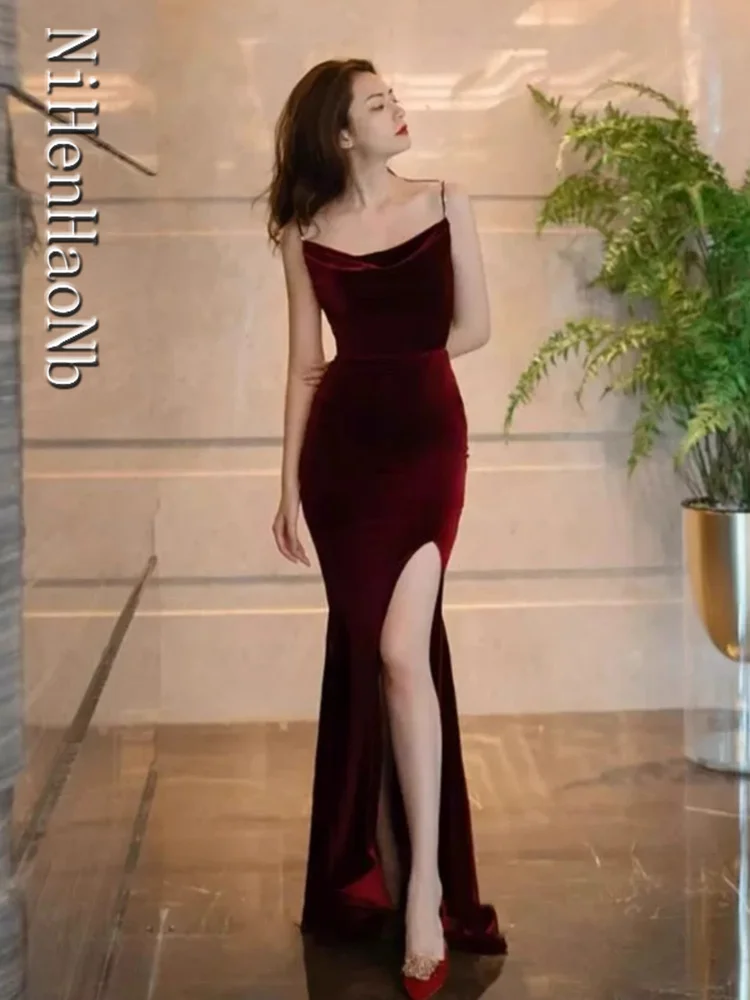Raudonas spagečių dirželis Plyšys Moterų vakarinė suknelė Vestuvių pokylis Moteriškos svarainių suknelės Nuotrauka 2