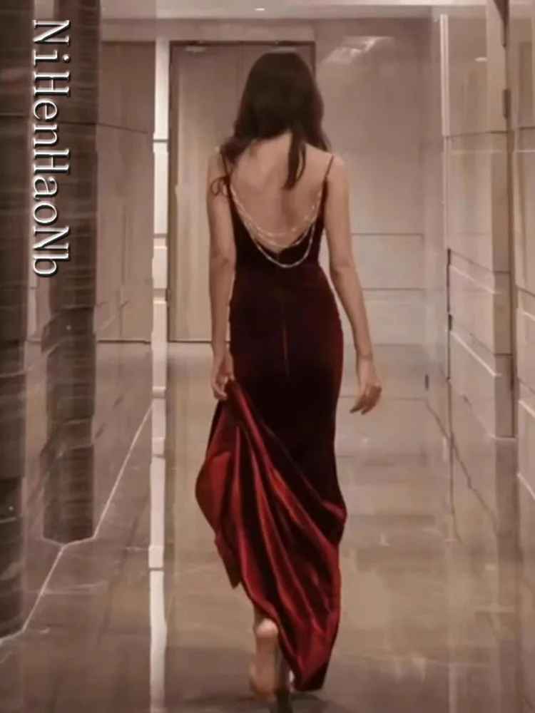Raudonas spagečių dirželis Plyšys Moterų vakarinė suknelė Vestuvių pokylis Moteriškos svarainių suknelės Nuotrauka 3