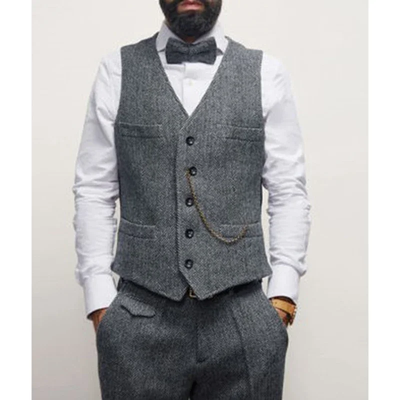 Vilnoniai silkių kaulo kostiumai vyrams Notch Lapel Business Itališko stiliaus Afrikos jaunikio smokingas Vestuvinis kostiumas (Blazer + Liemenė + Kelnės) Nuotrauka 1