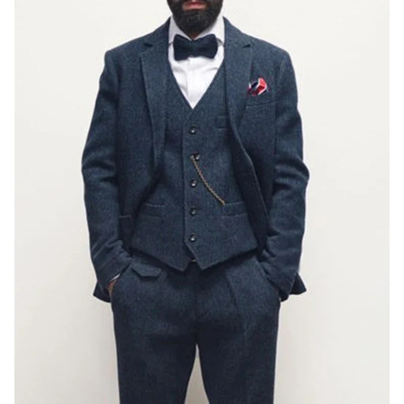 Vilnoniai silkių kaulo kostiumai vyrams Notch Lapel Business Itališko stiliaus Afrikos jaunikio smokingas Vestuvinis kostiumas (Blazer + Liemenė + Kelnės) Nuotrauka 2