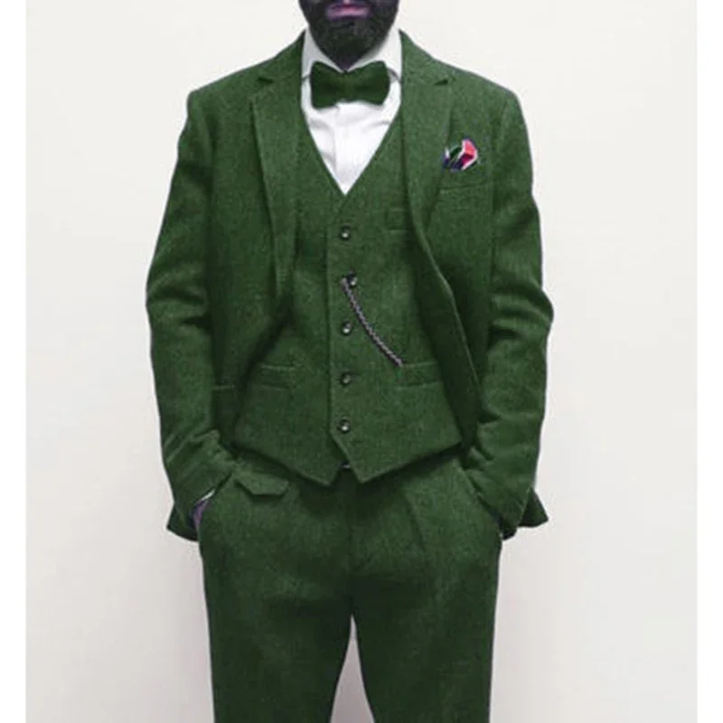Vilnoniai silkių kaulo kostiumai vyrams Notch Lapel Business Itališko stiliaus Afrikos jaunikio smokingas Vestuvinis kostiumas (Blazer + Liemenė + Kelnės) Nuotrauka 3