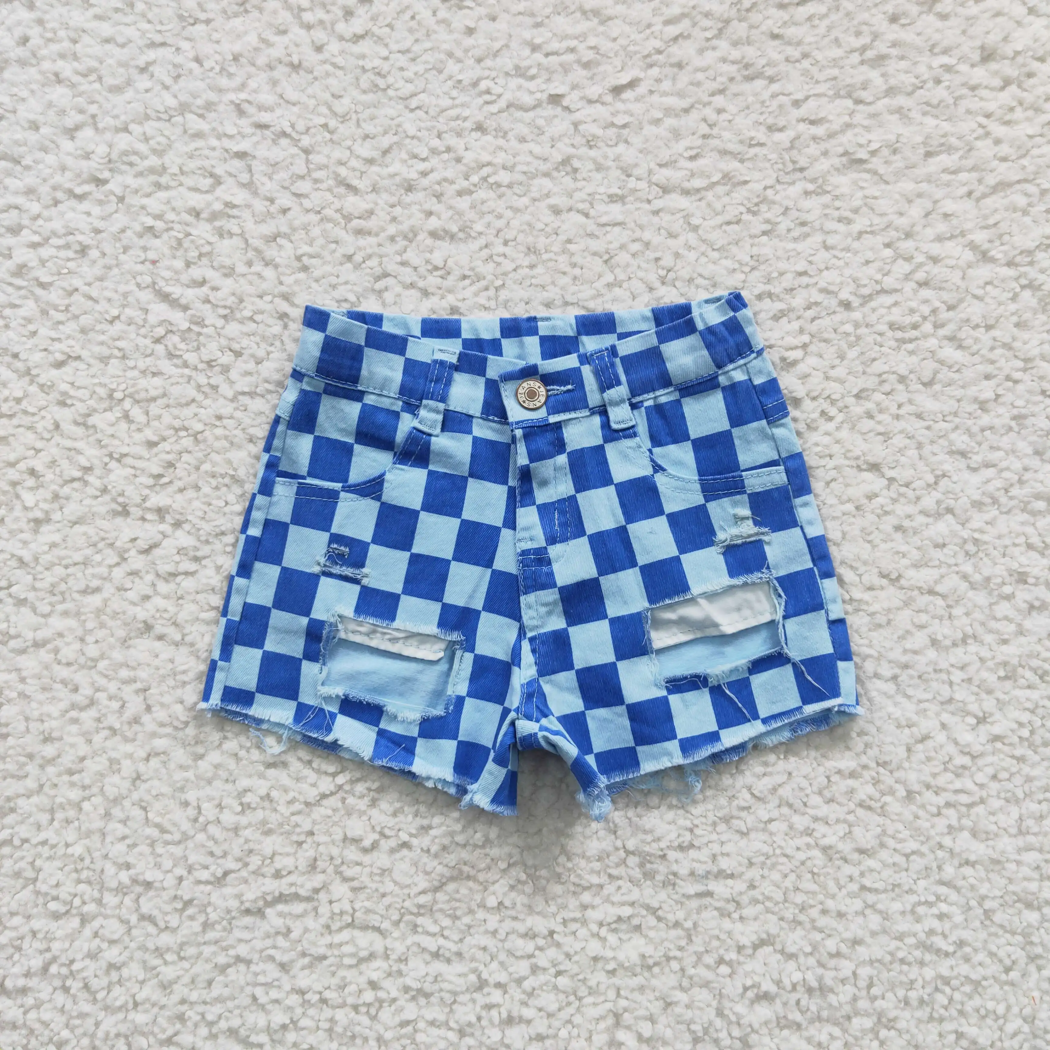 Naujausio dizaino didmeninė prekyba RTS Girls Džinsinės trumpos kelnės Kids Summer Ripped Jeans Baby Checker Blue Shorts Nuotrauka 0