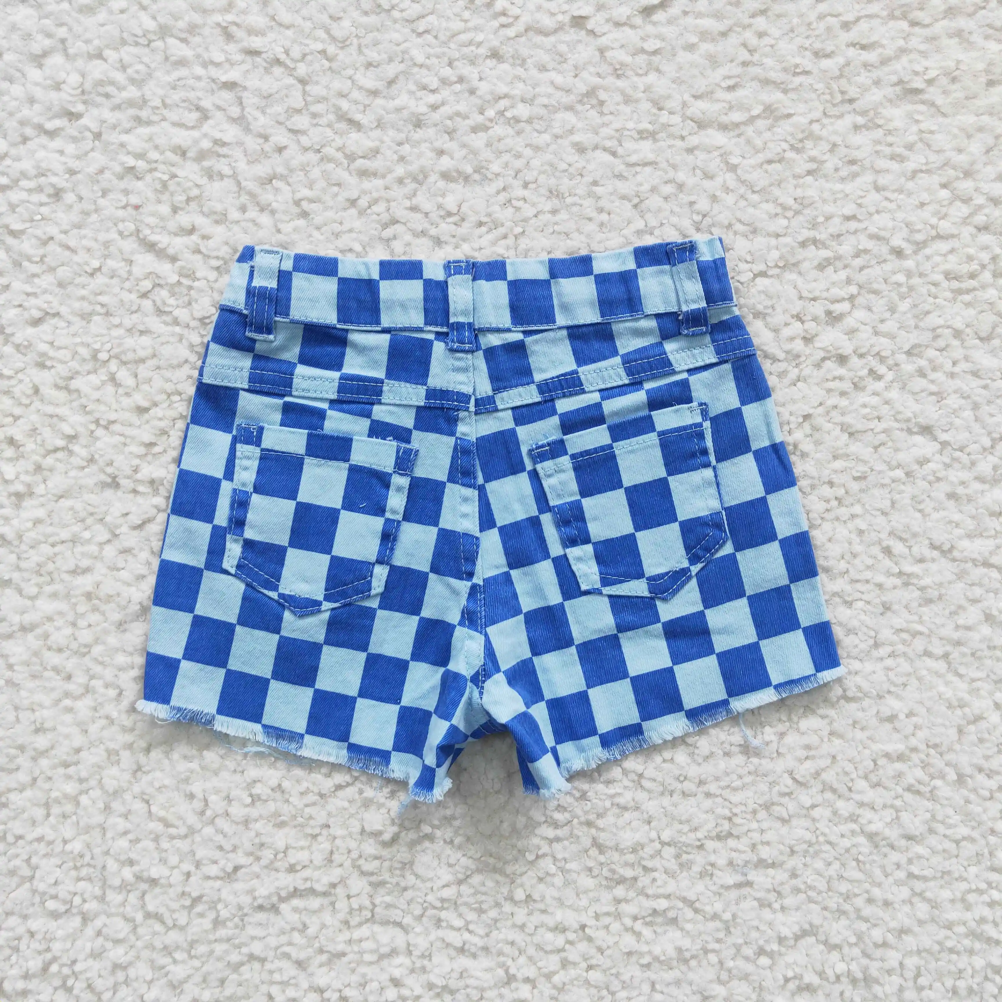 Naujausio dizaino didmeninė prekyba RTS Girls Džinsinės trumpos kelnės Kids Summer Ripped Jeans Baby Checker Blue Shorts Nuotrauka 1