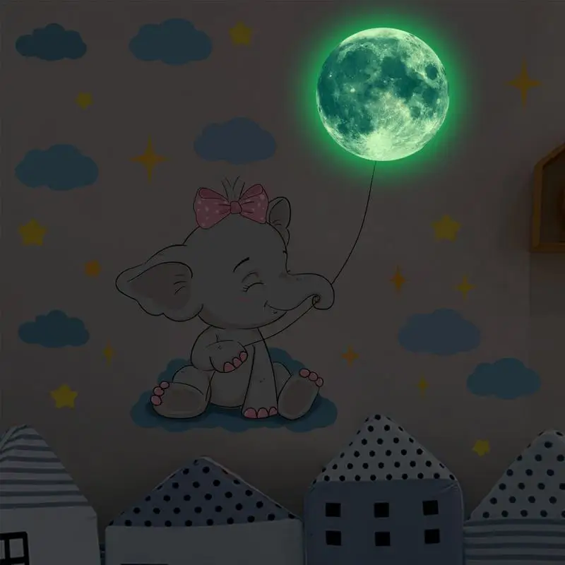 Sieninis lipdukas Baby Girl Room Mielas dramblys Mėnulis Siena Nukalkina Vaikų miegamojo dekoravimo lipdukai Interjero tapetai Nuotrauka 2