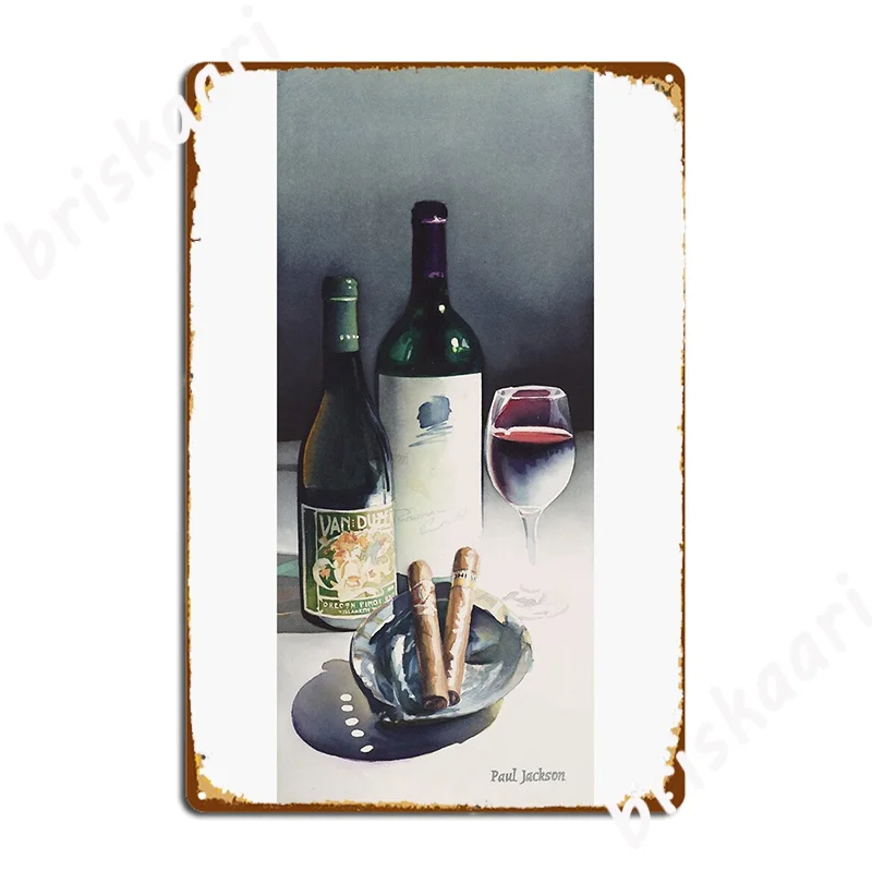 Vynas ir cigarai Akvarelės plakatas Metalinė plokštelė Juokinga freskų klubo vakarėlio plokštelė Alavo ženklo plakatas Nuotrauka 1