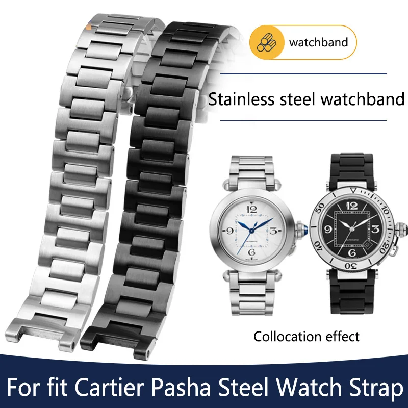 22*14mm laikrodžių apyrankės juosta Sidabrinė juodo metalo laikrodžio juosta su sulankstomu užsegimu tinka Cartier Pasha plieninis laikrodžių dirželis Nuotrauka 0