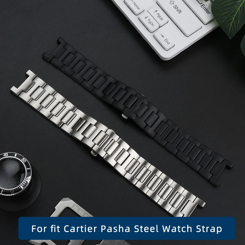 22*14mm laikrodžių apyrankės juosta Sidabrinė juodo metalo laikrodžio juosta su sulankstomu užsegimu tinka Cartier Pasha plieninis laikrodžių dirželis Nuotrauka 1