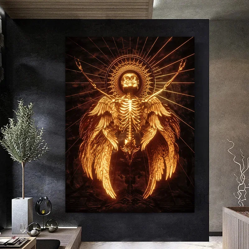 Abstract Golden Skull Statue Canvas Painting Wall Art Black And Gold Art Skeleton Sculpture Poster Prints For Home Decor Gift Nuotrauka 4