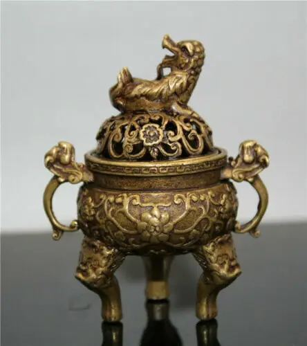 Kolekcija Kinų žalvario rankomis raižytas mažas Drakono liūto dangčio smilkalų degiklis Nuotrauka 0