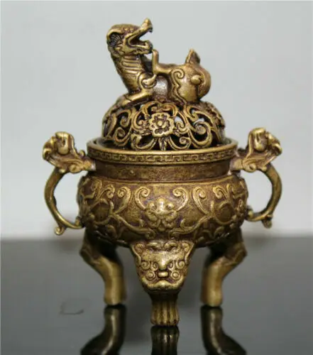 Kolekcija Kinų žalvario rankomis raižytas mažas Drakono liūto dangčio smilkalų degiklis Nuotrauka 1