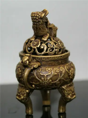 Kolekcija Kinų žalvario rankomis raižytas mažas Drakono liūto dangčio smilkalų degiklis Nuotrauka 2
