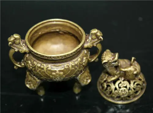Kolekcija Kinų žalvario rankomis raižytas mažas Drakono liūto dangčio smilkalų degiklis Nuotrauka 3