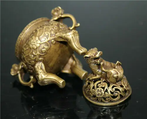Kolekcija Kinų žalvario rankomis raižytas mažas Drakono liūto dangčio smilkalų degiklis Nuotrauka 4