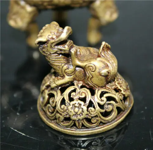 Kolekcija Kinų žalvario rankomis raižytas mažas Drakono liūto dangčio smilkalų degiklis Nuotrauka 5