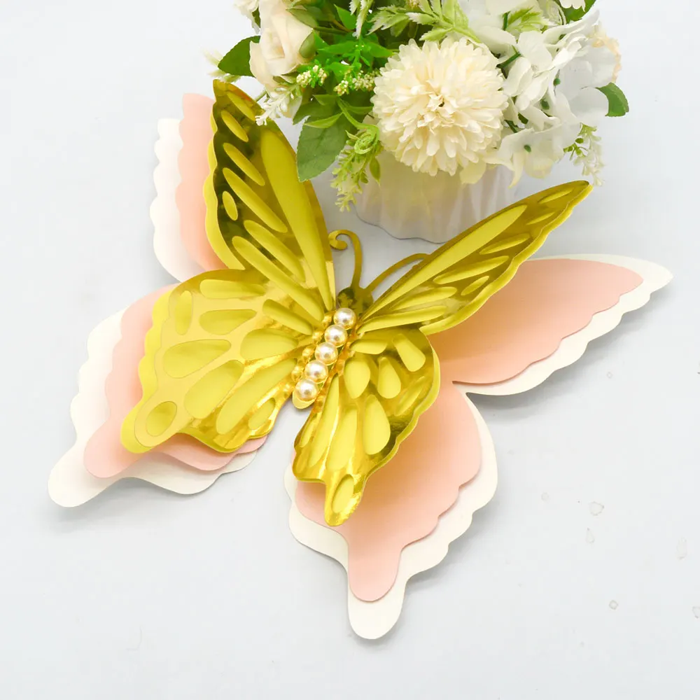Keturių sluoksnių 3D drugelio sienos lipdukas vestuvių namų dekoravimui Festivalio tapetai Naujo stiliaus perlų popieriaus drugelių lipdukai Nuotrauka 3