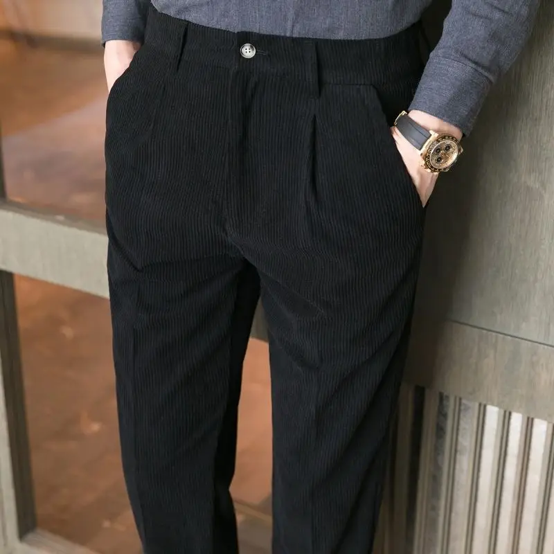 2023 Ruduo žiema Vyrų mados verslas Laisvalaikio kelnės Vyriškos tiesios velvetinės kelnės Vyrai Korėjietiškos vienspalvės kostiuminės kelnės H384 Nuotrauka 3