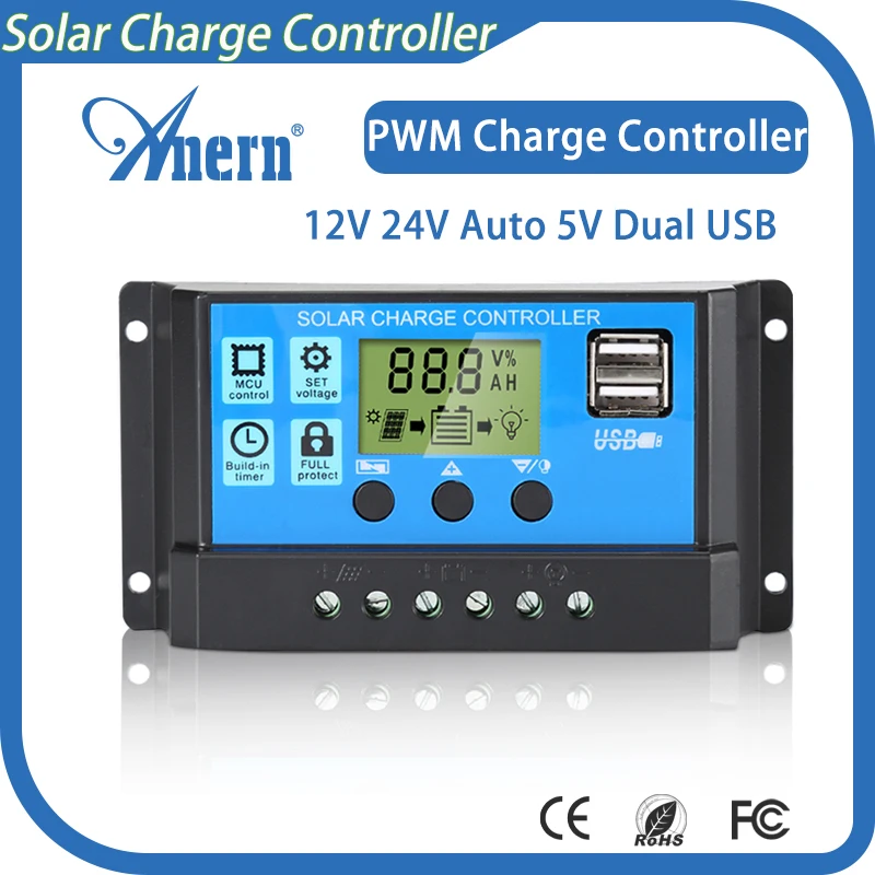 Anern 30A PWM saulės įkrovimo valdiklis 12V 24V automatinis LCD ekranas Saulės reguliatorius WIth dvigubas USB 5V išėjimo mokestis saulės baterijoms Nuotrauka 0