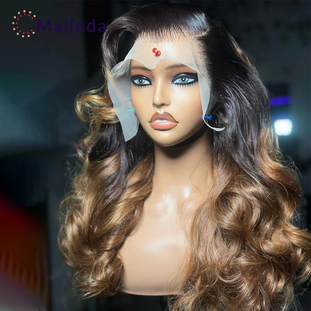Brazilijos Ombre blondinė Laisva gili banga 250% tankis HD Skaidrūs nėriniai Priekiniai žmogaus plaukai Iš anksto nupešti perukai be klijų Moterims Nuotrauka 1