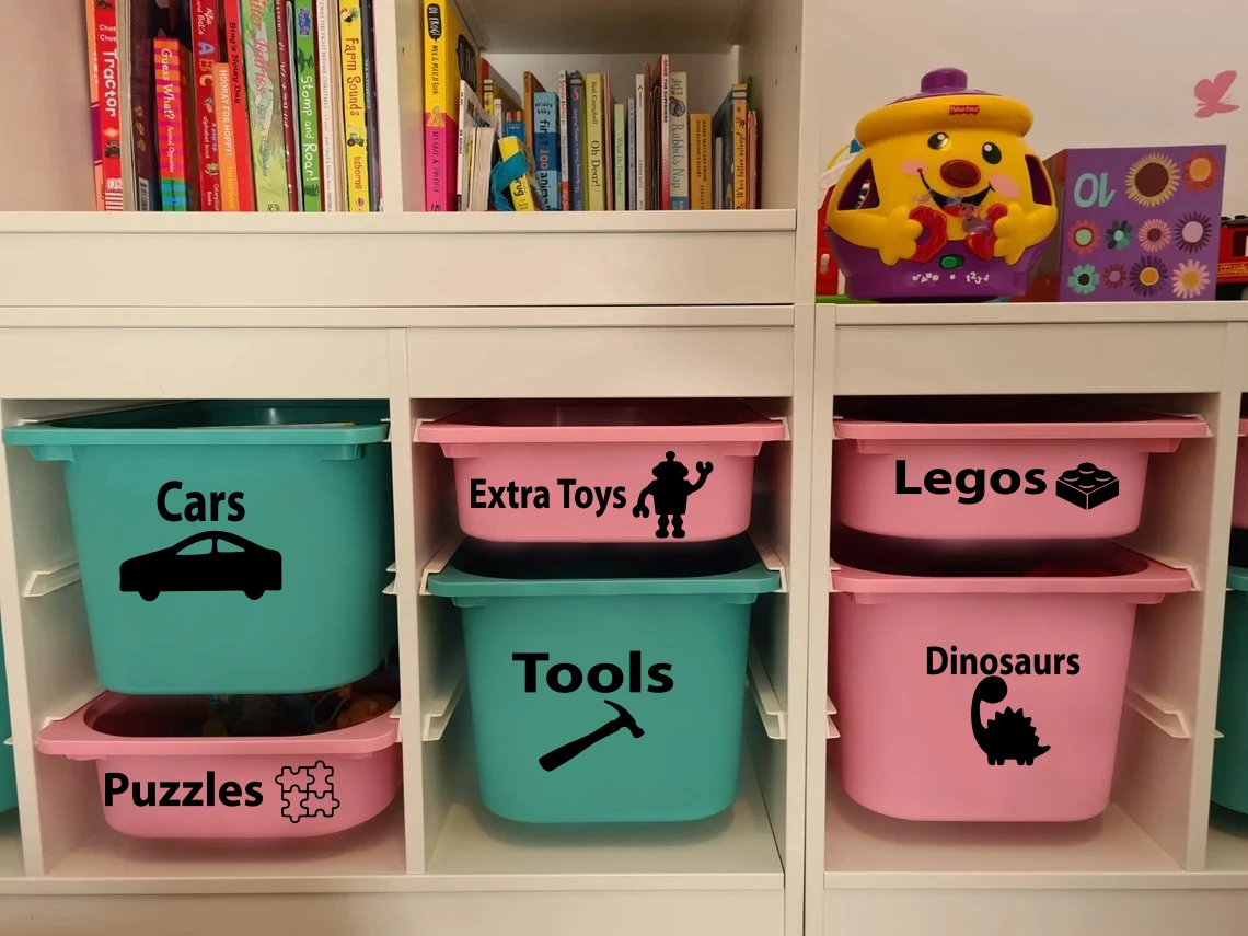 Žaislų dėžės etiketės su paveikslėliais Žaislų organizacijos etiketės Lipdukas Lipdukas žaidimų kambariui Kūdikių darželis Vaikų kambario dekoras Nuotrauka 1