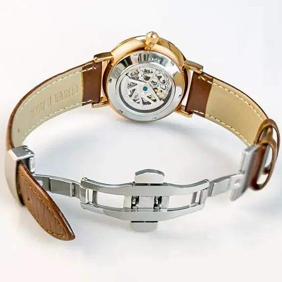 2023 TRSOYE Top prekės ženklo mechaninis laikrodis vyrams Skeleto ciferblatas su ruda natūralios odos reloj hombre Nuotrauka 2