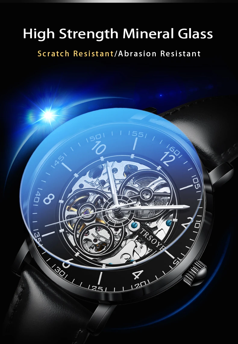 2023 TRSOYE Top prekės ženklo mechaninis laikrodis vyrams Skeleto ciferblatas su ruda natūralios odos reloj hombre Nuotrauka 3
