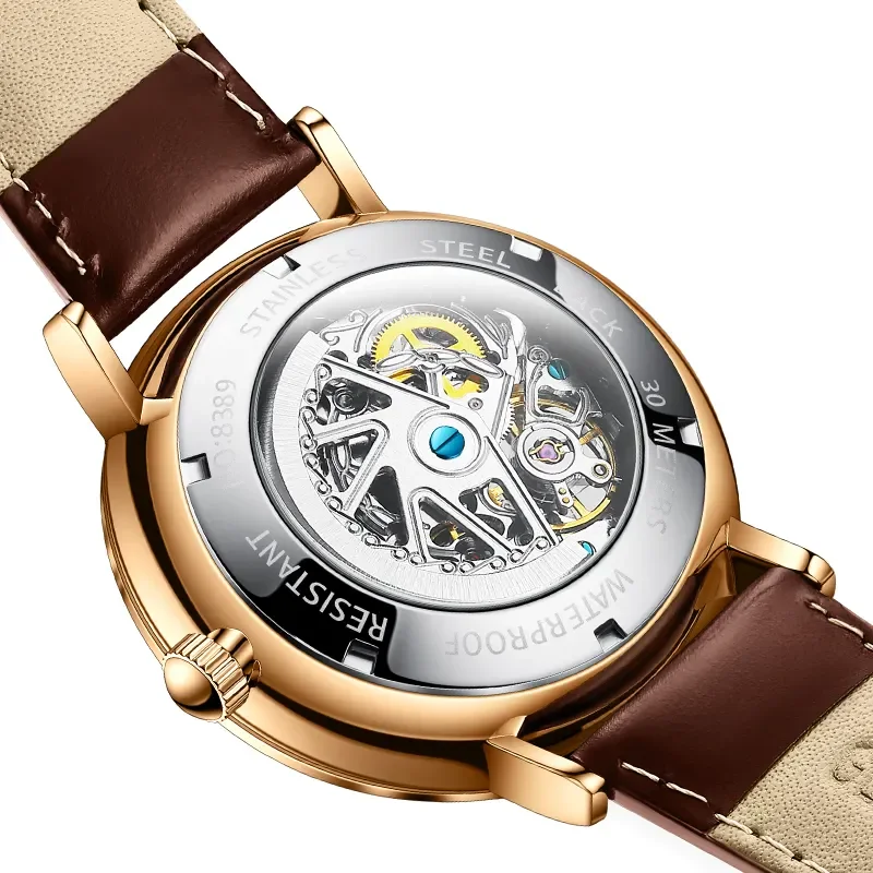 2023 TRSOYE Top prekės ženklo mechaninis laikrodis vyrams Skeleto ciferblatas su ruda natūralios odos reloj hombre Nuotrauka 4