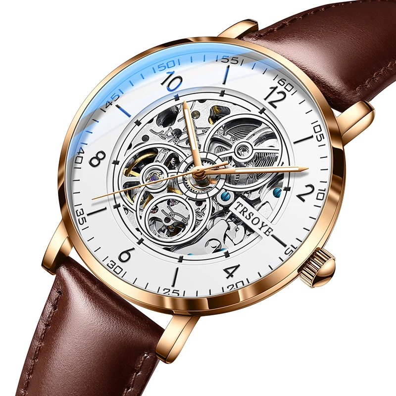 2023 TRSOYE Top prekės ženklo mechaninis laikrodis vyrams Skeleto ciferblatas su ruda natūralios odos reloj hombre Nuotrauka 5