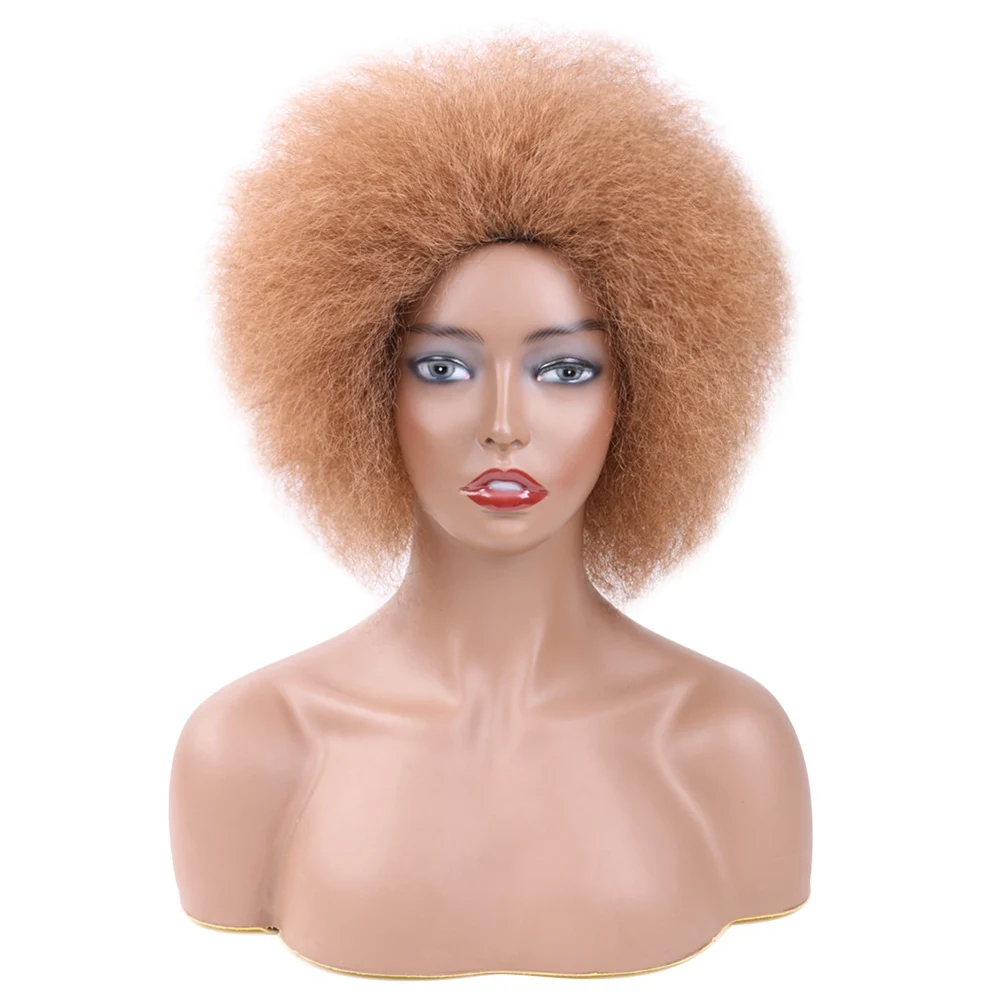 Saisity Trumpi plaukai Afro Kinky Garbanoti perukai su kirpčiukais juodaodėms moterims Afrikos sintetiniai omber klijai be klijų, Cosplay perukai atsparūs karščiui Nuotrauka 1