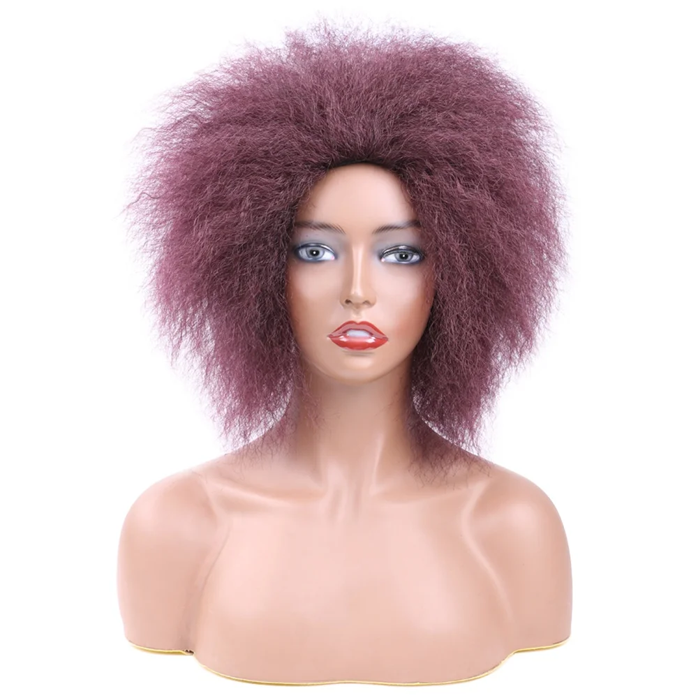 Saisity Trumpi plaukai Afro Kinky Garbanoti perukai su kirpčiukais juodaodėms moterims Afrikos sintetiniai omber klijai be klijų, Cosplay perukai atsparūs karščiui Nuotrauka 2