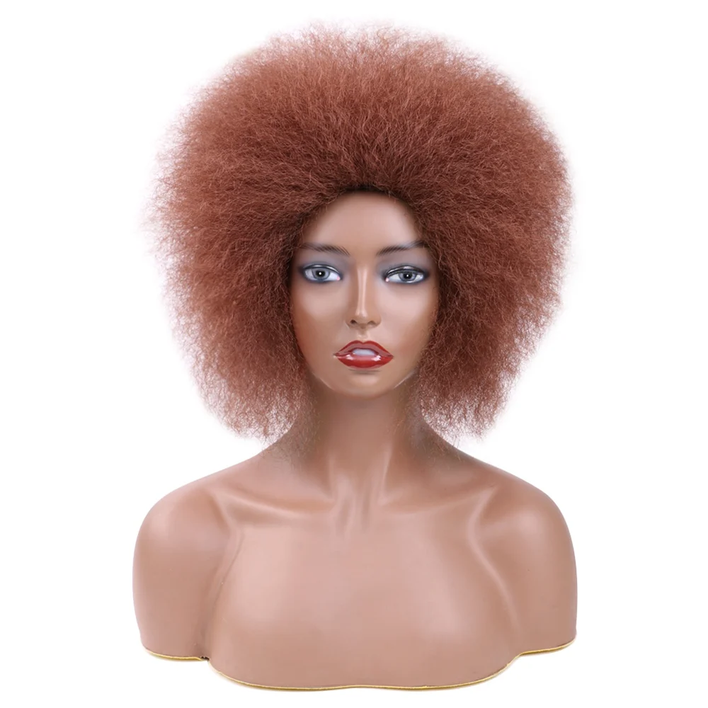 Saisity Trumpi plaukai Afro Kinky Garbanoti perukai su kirpčiukais juodaodėms moterims Afrikos sintetiniai omber klijai be klijų, Cosplay perukai atsparūs karščiui Nuotrauka 3